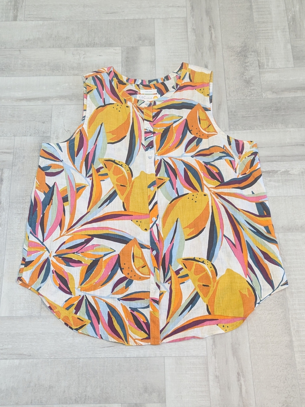 C&C California L 100% Linen Tropical Lemon Button Sleeveless Top Coastal Resort